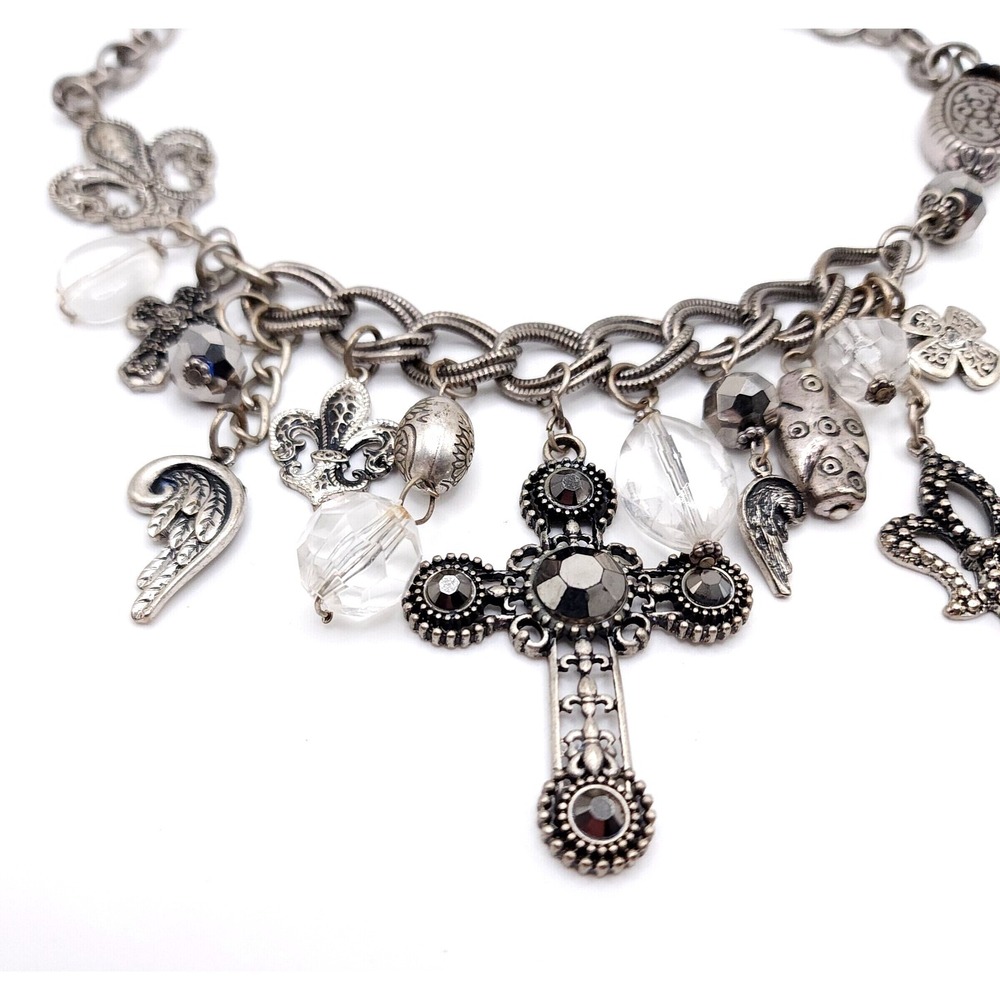 Silver Charm Necklace Cross Rhinestone Fleur De Lis Gothic - Picture 4 of 8